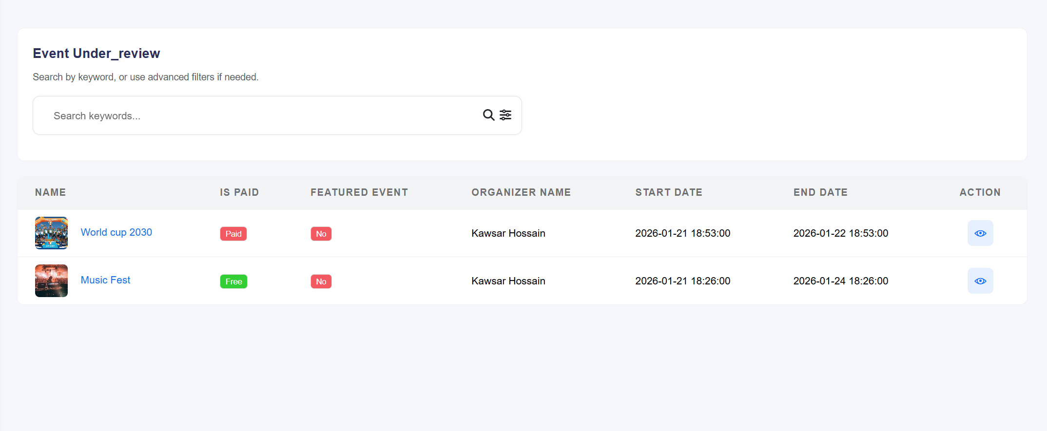 Events Under Review List