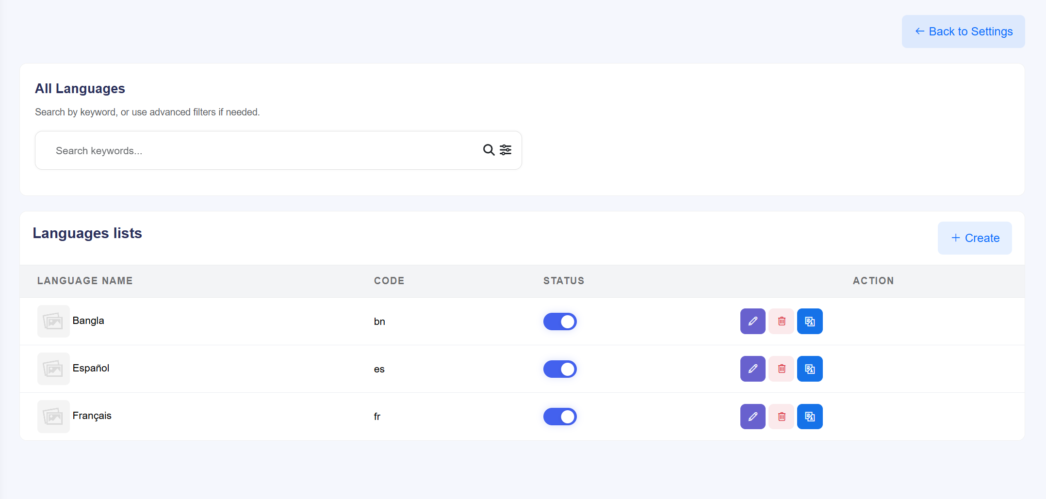 Language Settings Management Detail