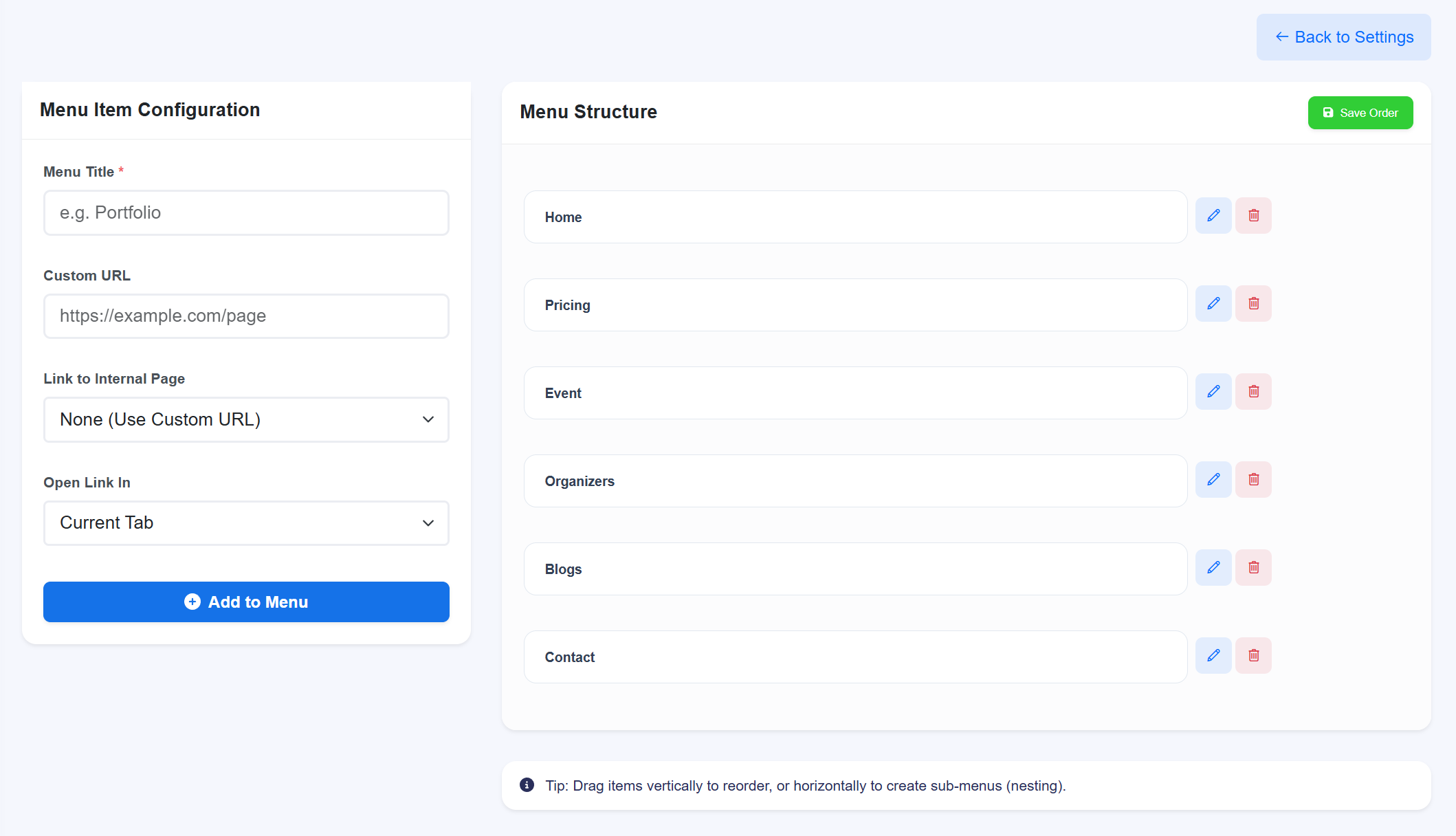 Menu Structure Interface