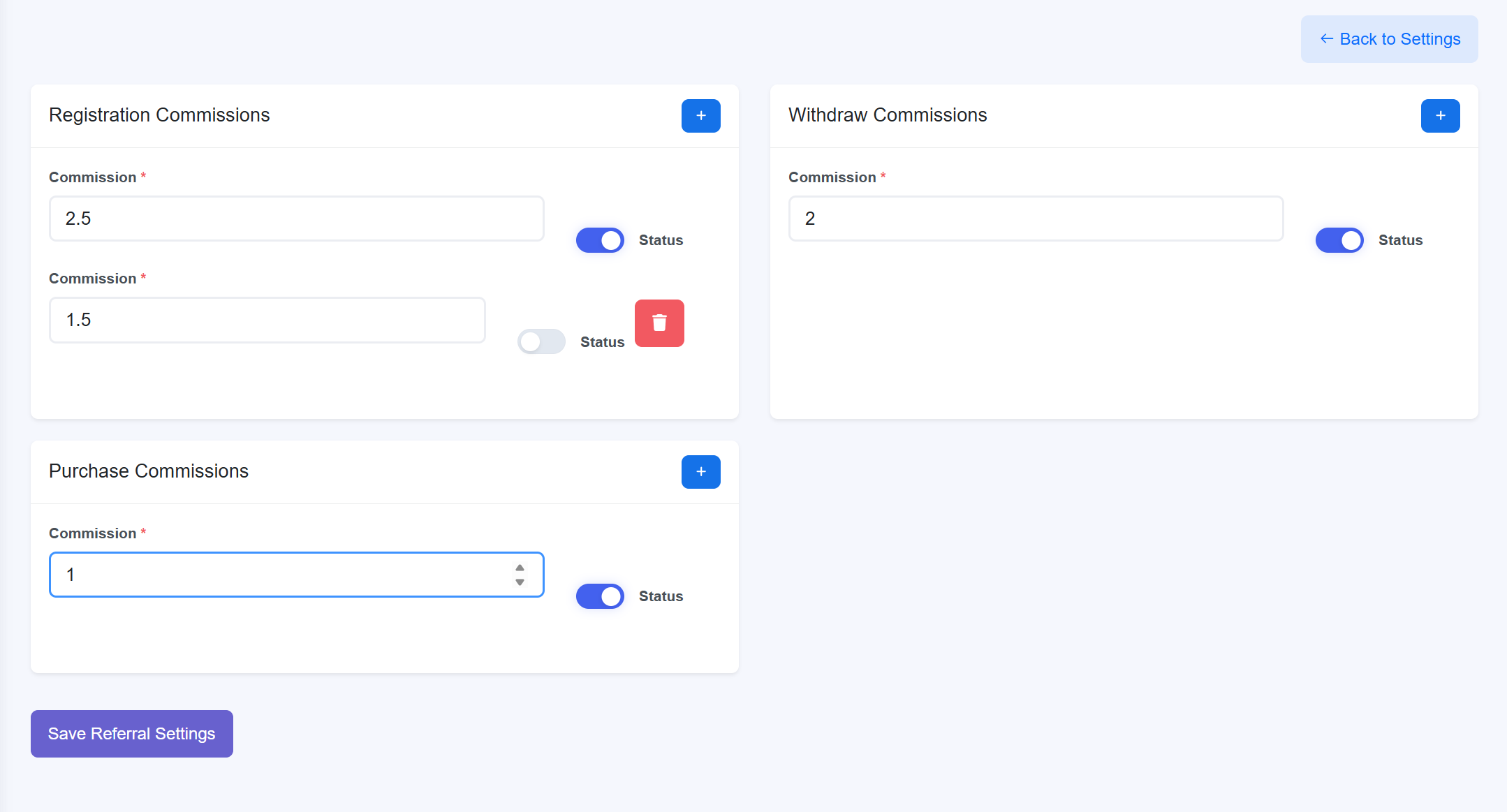 Referral Settings Detail
