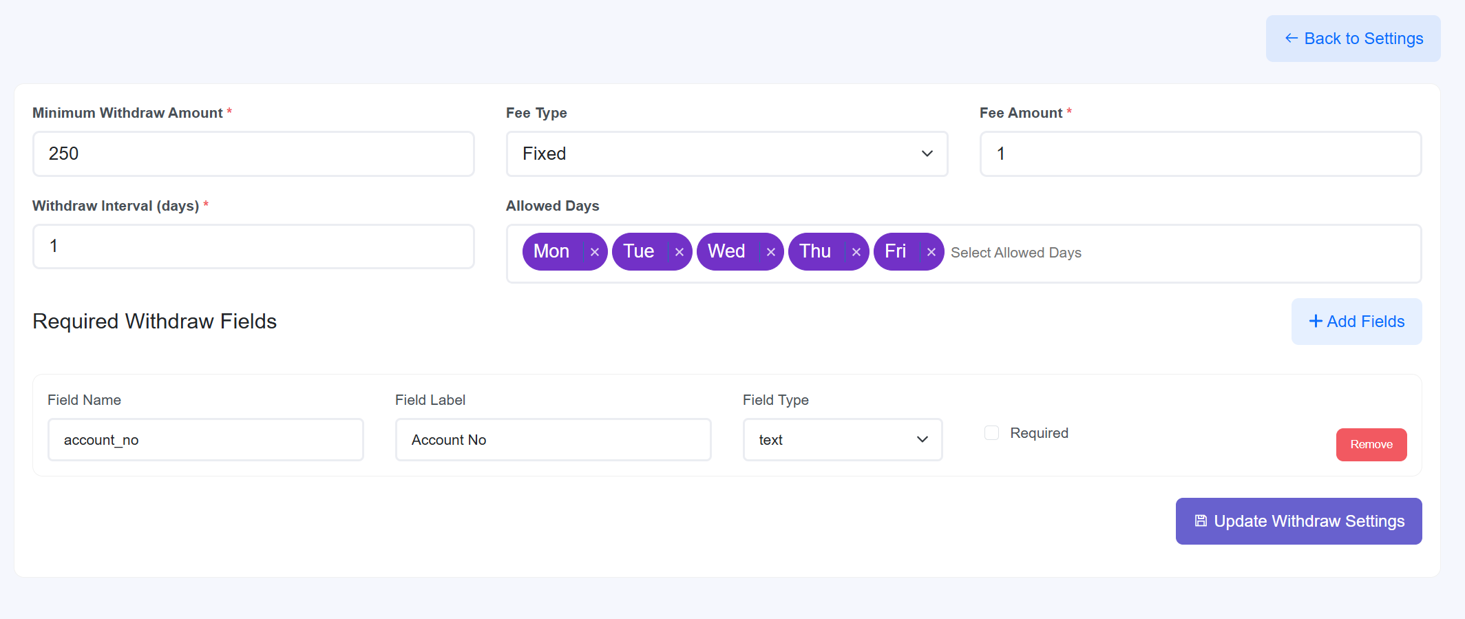 Withdraw Settings Detail
